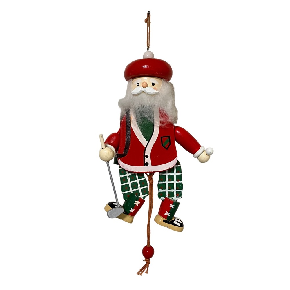 Vintage Wooden Pull String Golfer Santa Kitschy Large Christmas Ornament